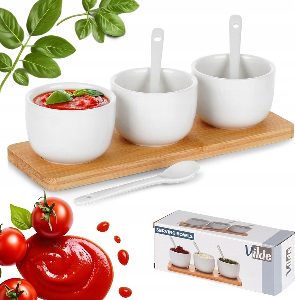 ZESTAW MISECZEK Z ŁYŻECZKAMI NA DESCE DO SERWOWANIA SOSÓW PRZEKĄSEK 139687