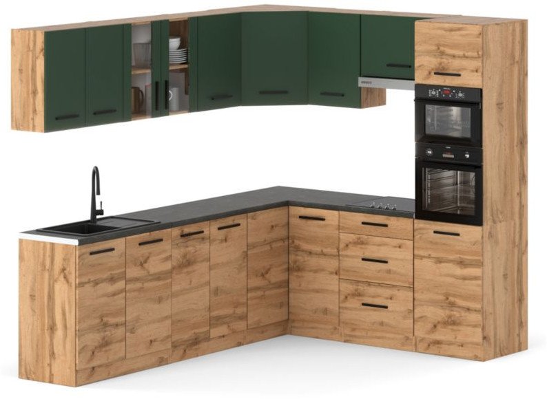 Kuchnia Marra Narożna Z Blatem Modułowa 4.6m Wotan Butelkowa Zieleń Wotan