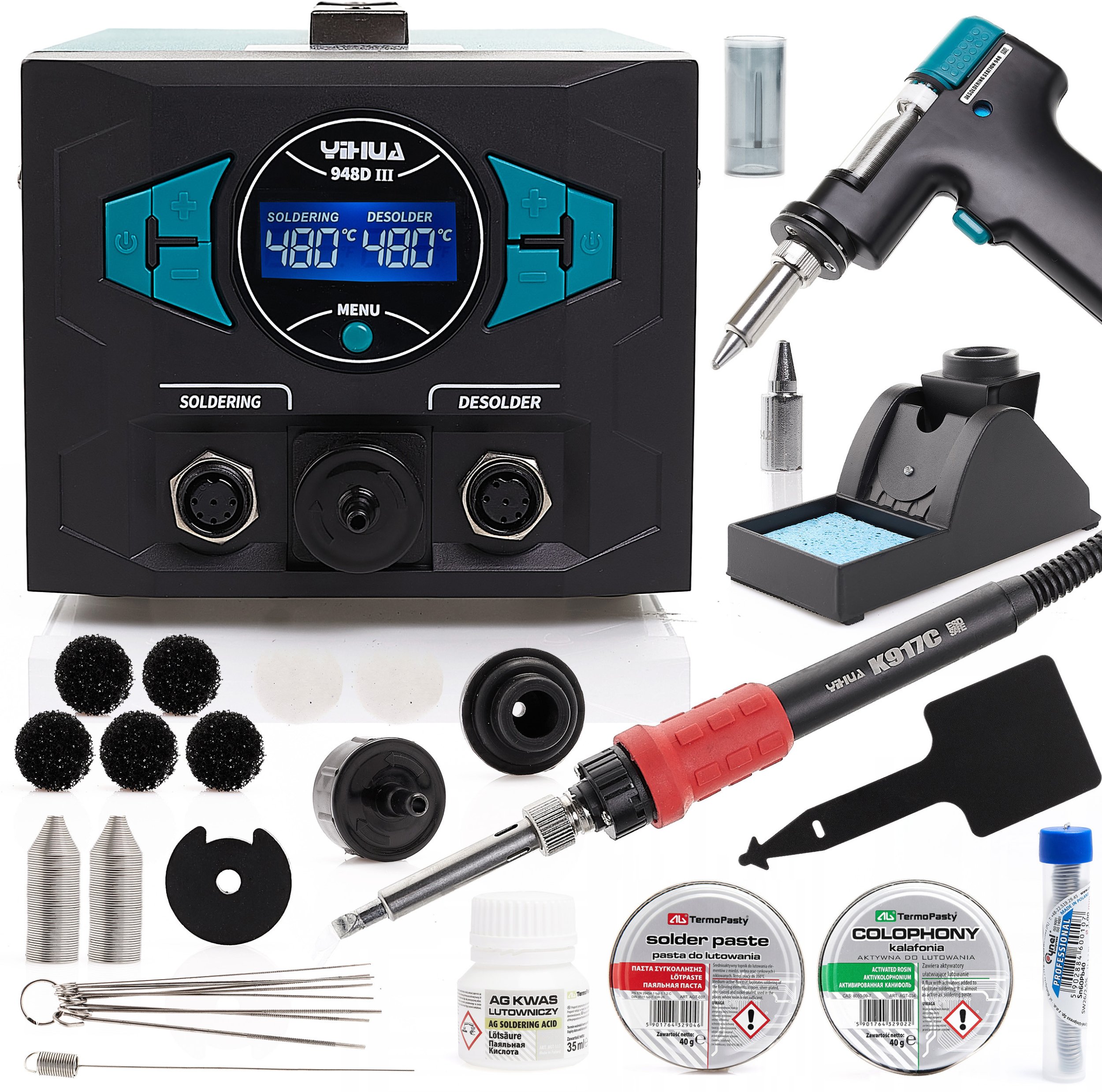 Stacja Lutownicza Rozlutownicza Yihua 948D-III Pasta Kalafonia 2x Cyna Kwas