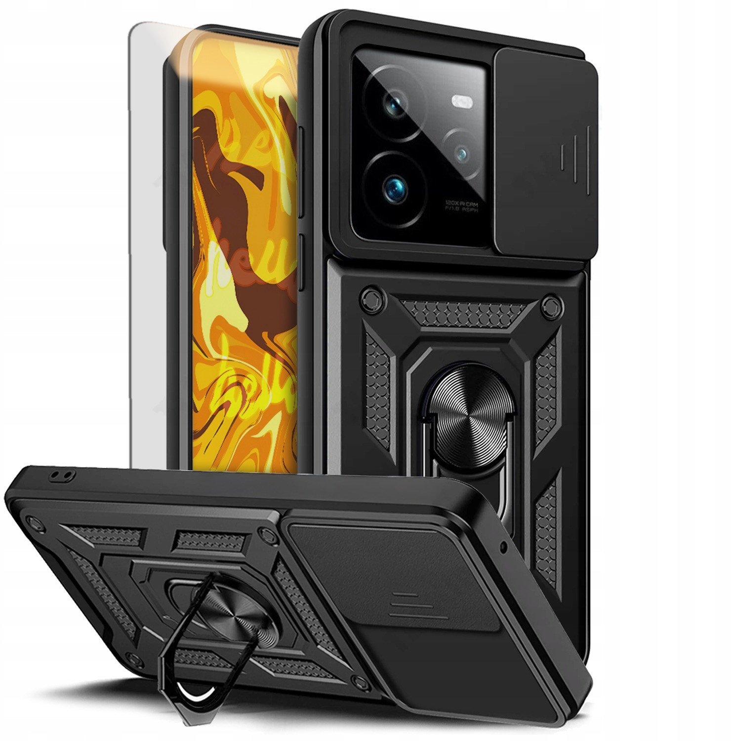 ETUI PANCERNE DO REALME GT 7 PRO CZARNE ARMOR HOLDER RING CASE SZKŁO 9H