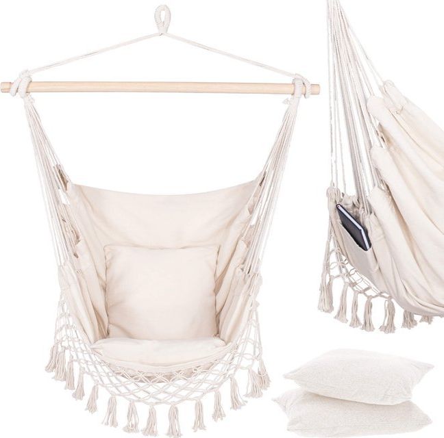 Springos Fotel wiszący z poduszkami 130x100cm hamak brazylijski z frędzlami kremowy uniwersalny