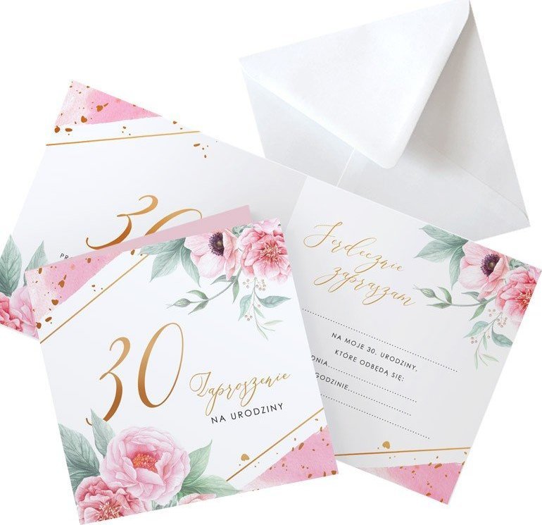 ZAPROSZENIA na 30 urodziny Piwonie 10szt (+koperty)