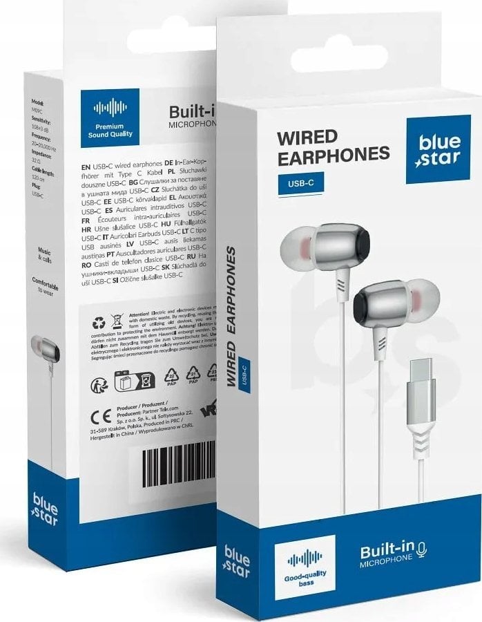 BLUE STAR słuchawki przewodowe Typ C z mikrofonem M09C 1,2 m białe