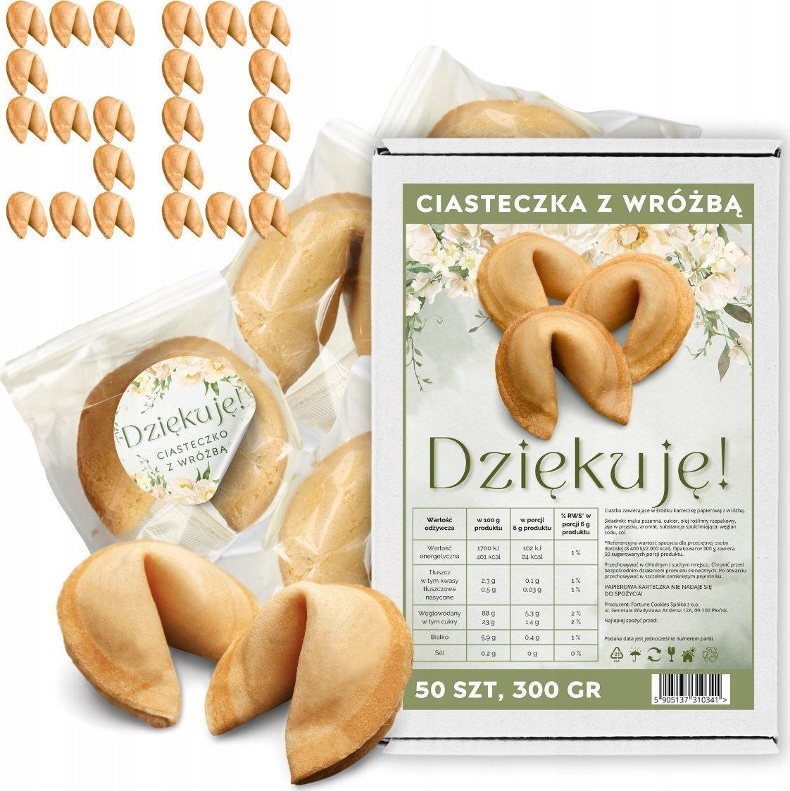 MagiaCiast Chińskie Ciasteczka z wróżbą Dziękuję dla gości Ciasteczka Szczęścia 50 szt