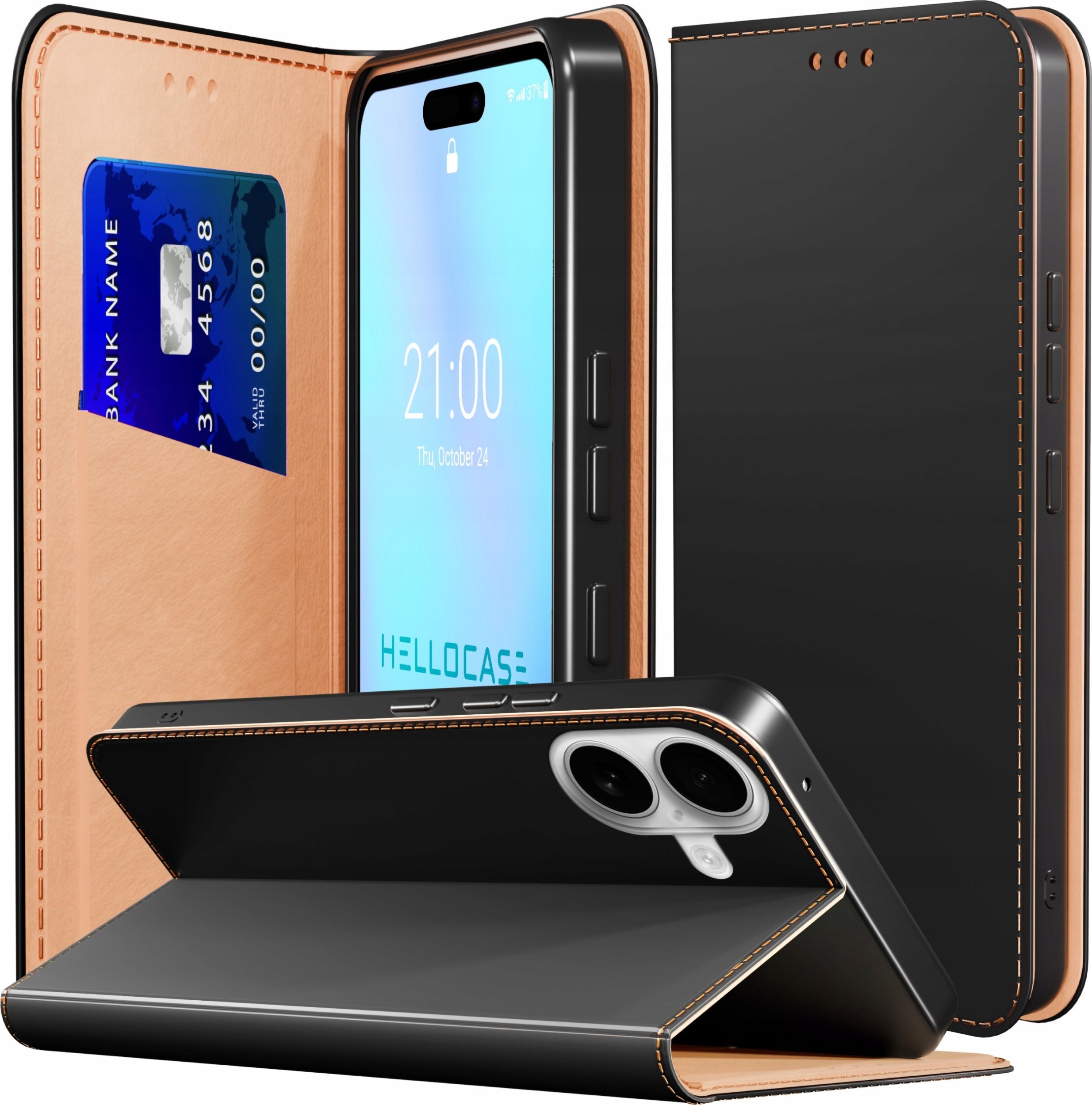 Etui z Klapką do Apple iPhone 16 Plus (Skórzane, Zamykane, Czarne, Kabura)