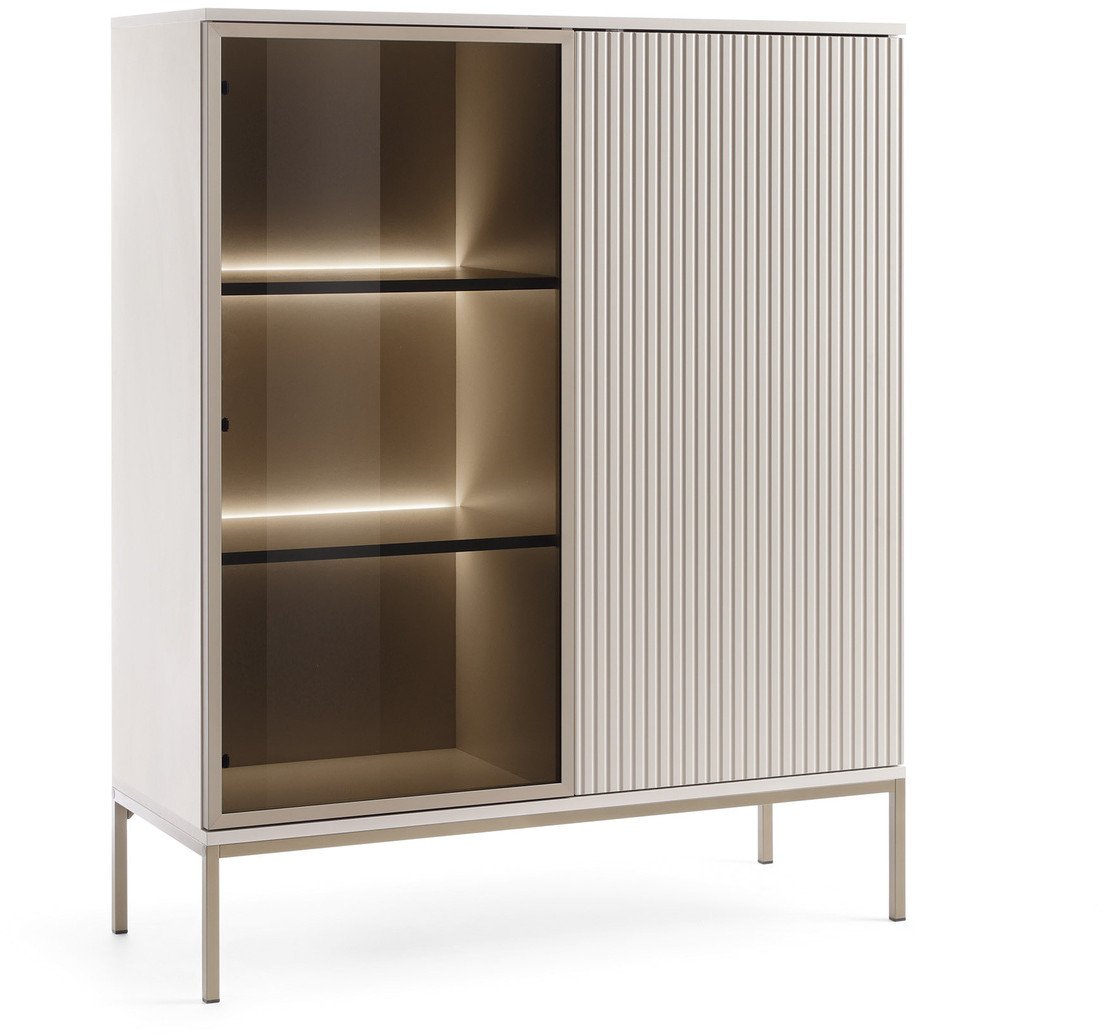 Witryna Lagos 126cm wysokość 2D z metalowymi nóżkami w kolorze Cashmere + LED