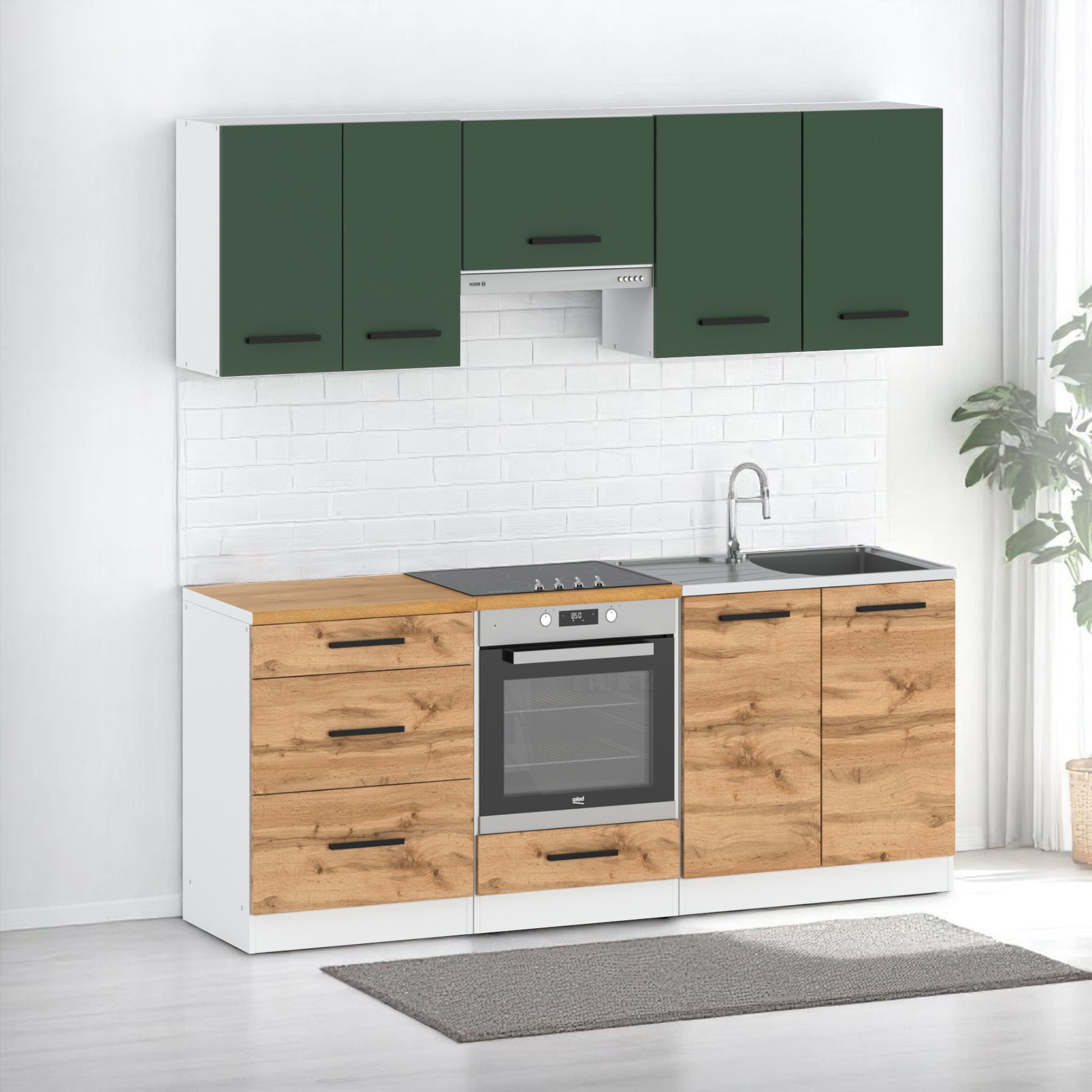 Kuchnia Nowoczesna Modułowa Z Blatem 2.0m Mała Biała Butelkowa Zieleń Wotan