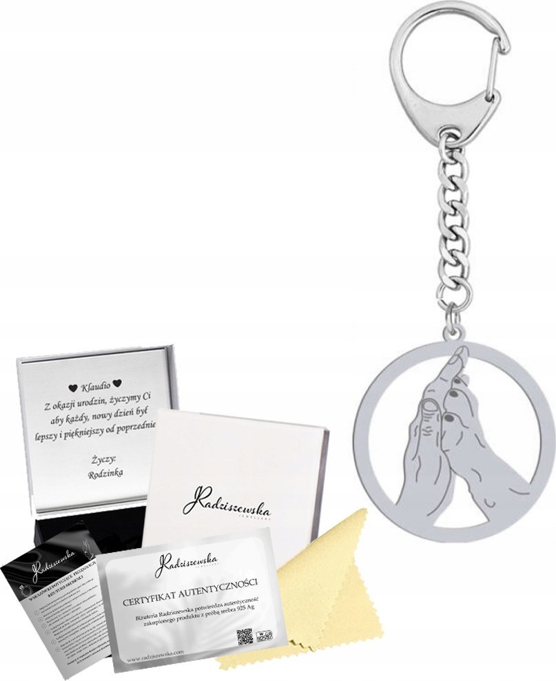 Radziszewska Jewellery Brelok do Kluczy Dłoń Człowieka i Łapa Psa Srebro 925 Prezent GRAWER GRATIS