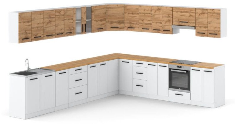 Meble Kuchenne Białe Z Drewnem Narożna Kuchnia Rossa 6.8m Dąb Wotan Biała