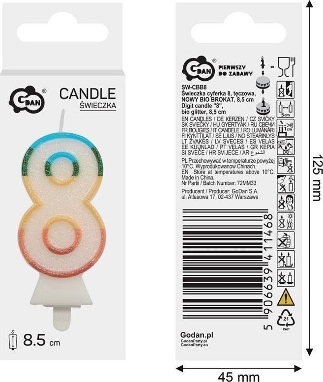 Świeczka cyfra 8 tęczowa 8,5cm