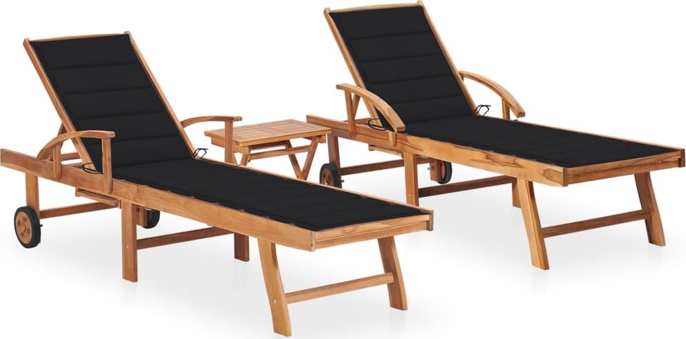 vidaXL Leżaki ze stolikiem i poduszkami, 2 szt., lite drewno tekowe