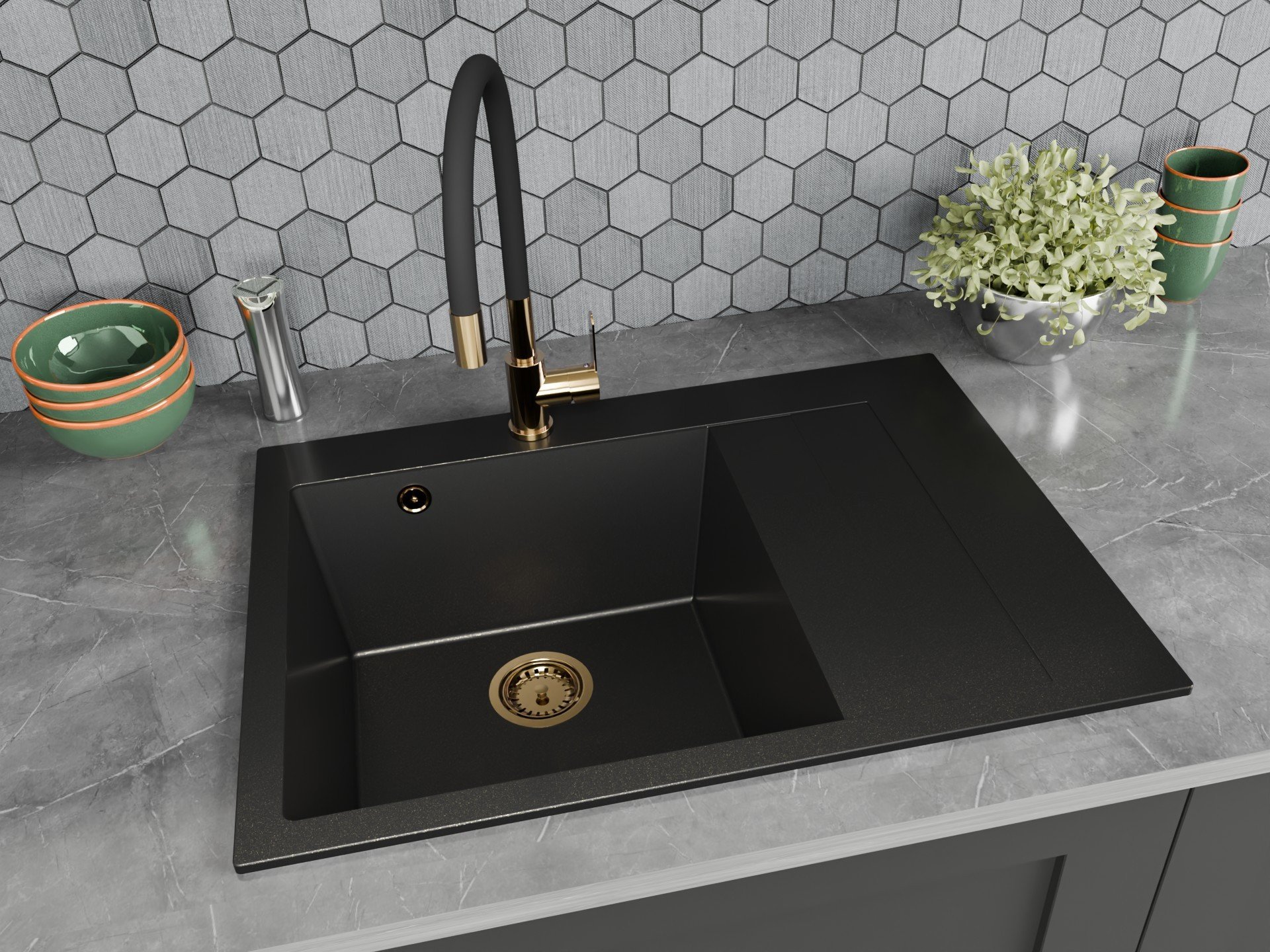 Zlewozmywak jednokomorowy z ociekaczem LOBSTER czarny złoty metalik + bateria flex złota