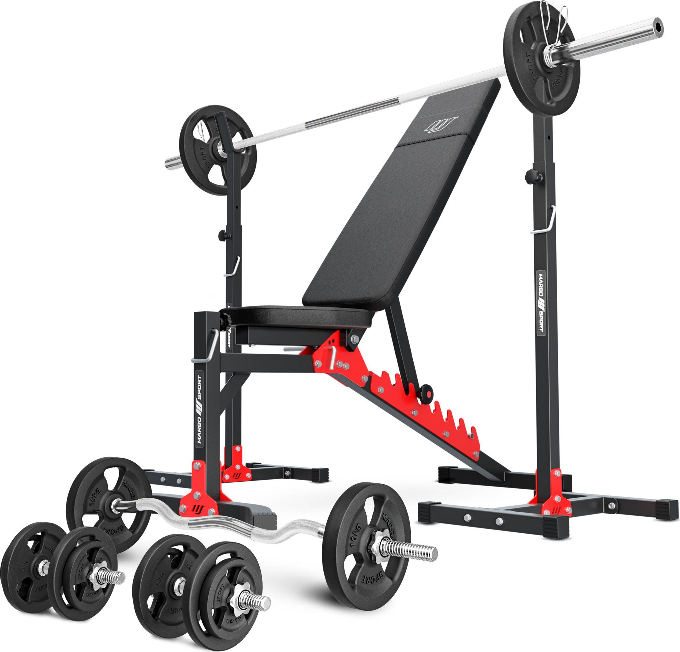 Zestaw MH19_111KG_KIER | Ławka regulowana + stojaki regulowane + zestaw gryfów i obciążeń - Marbo Sport