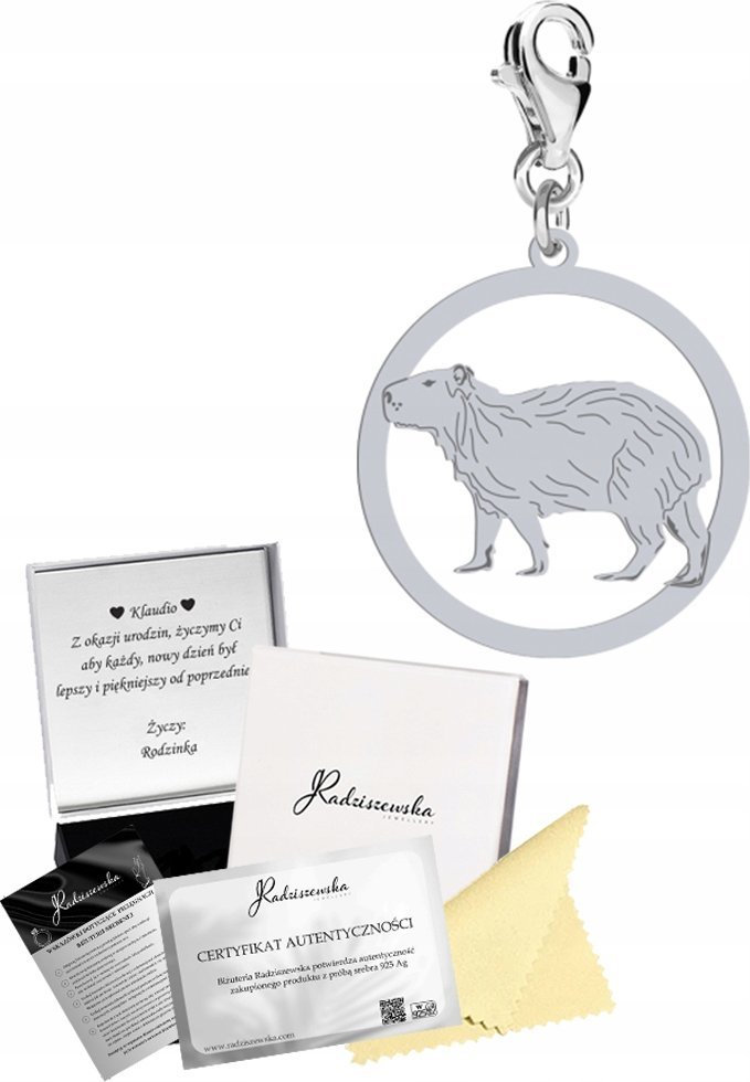 Radziszewska Jewellery Charms Srebrny KAPIBARA Prezent Biżuteria Zawieszka 925 ŻYCZENIA GRATIS