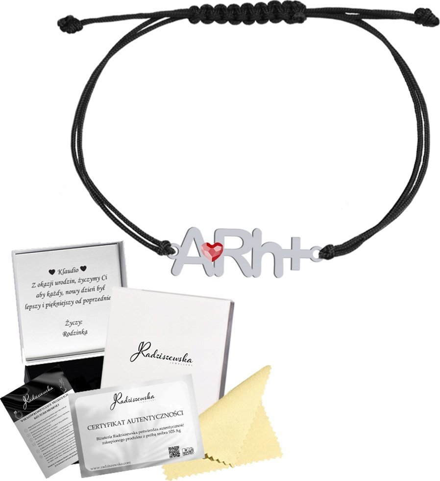 Radziszewska Jewellery Bransoletka Srebrna z Grupą Krwi GRUPA KRWI Sznurek 925 DEDYKACJA GRATIS