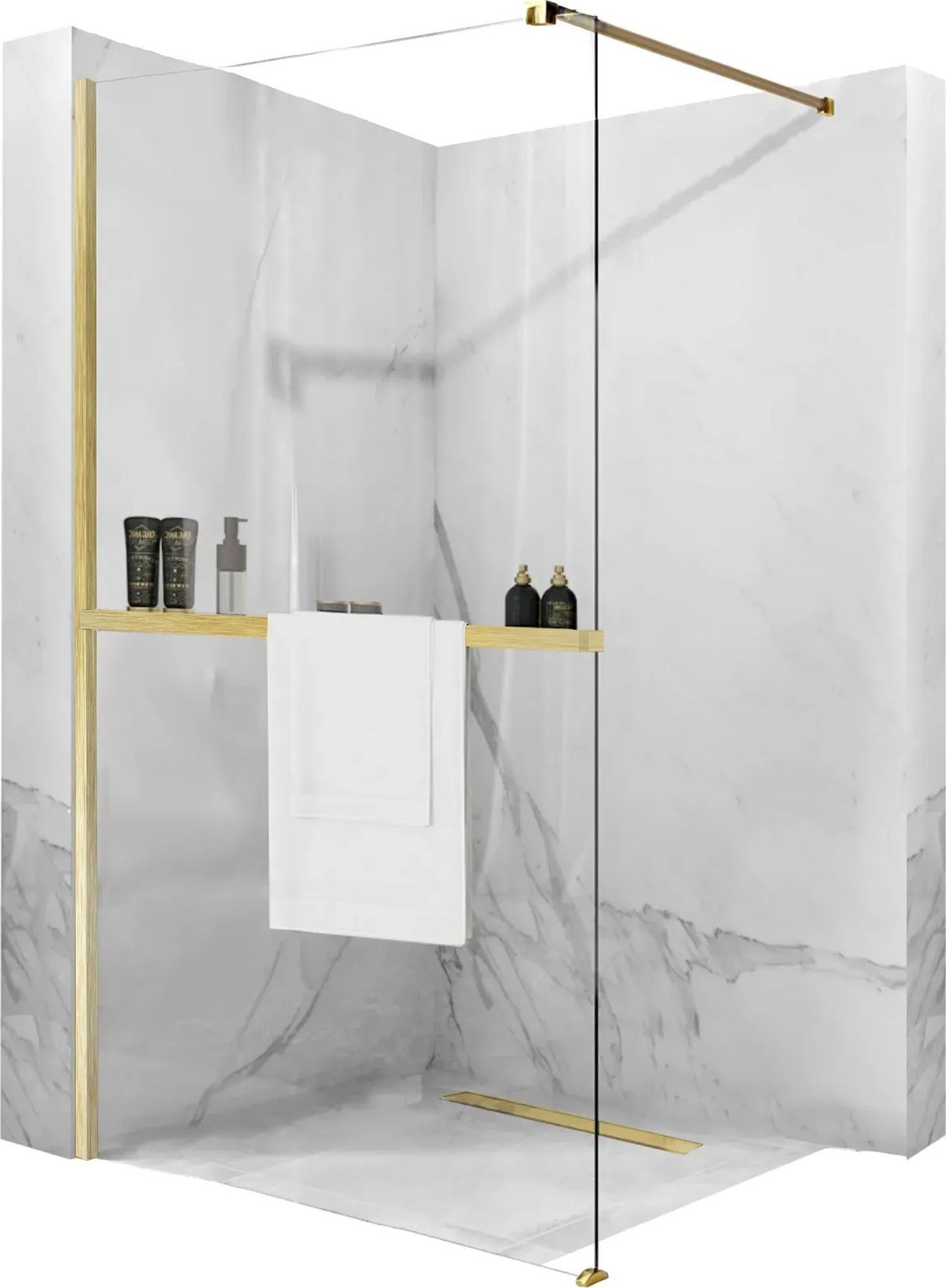 Rea Ścianka prysznicowa Rea Aero Złota Szczotkowana N 110 Walk In z półką i wieszakiem Evo