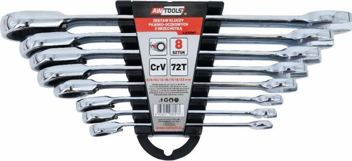 AWTools klucze płasko-oczkowe z grzechotką komplet 8 sztuk 8-22mm (AW39997)