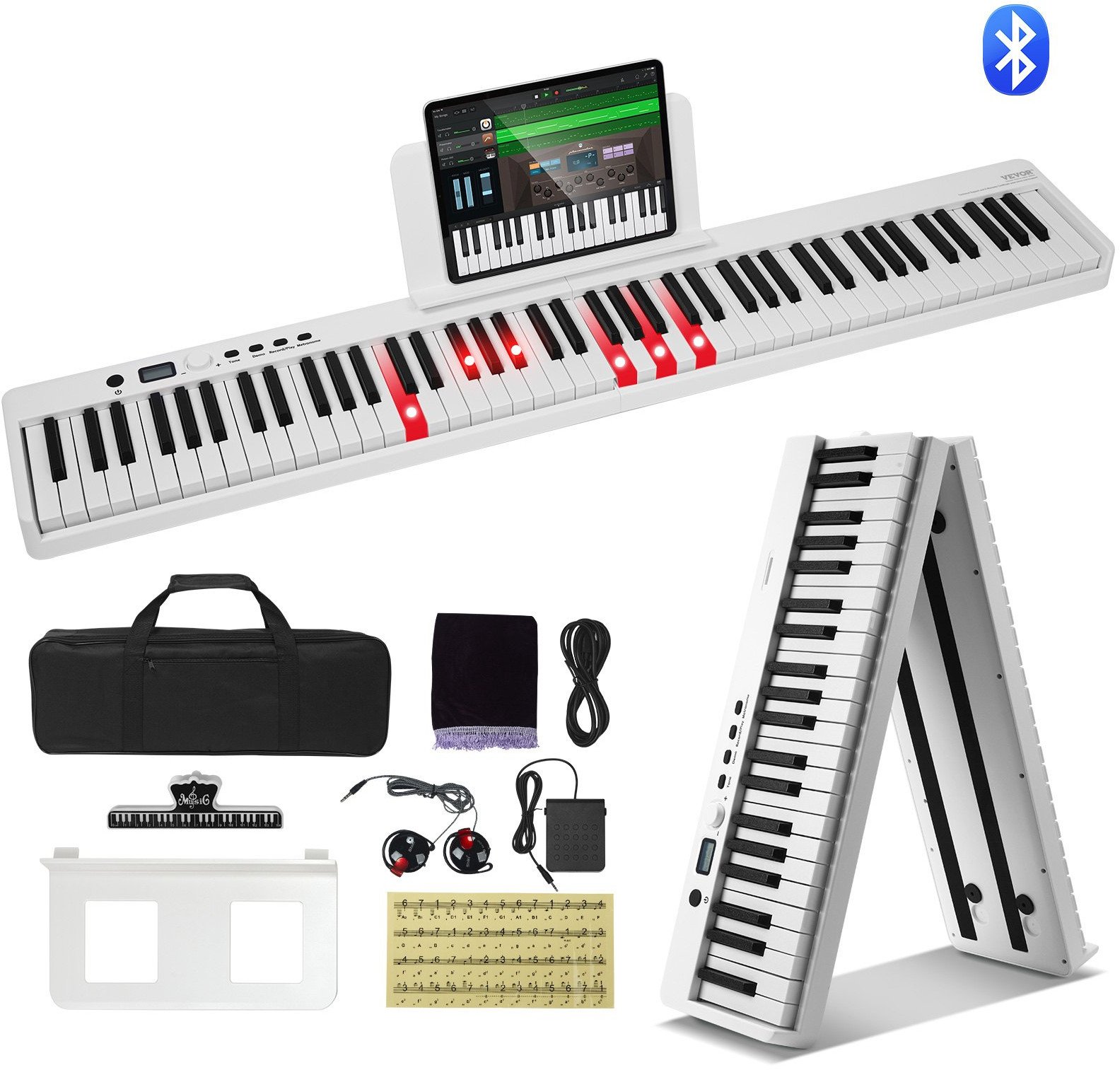 Keyboard Składany 88 Klawiszy MIDI z Bluetooth Podświetleniem Biały