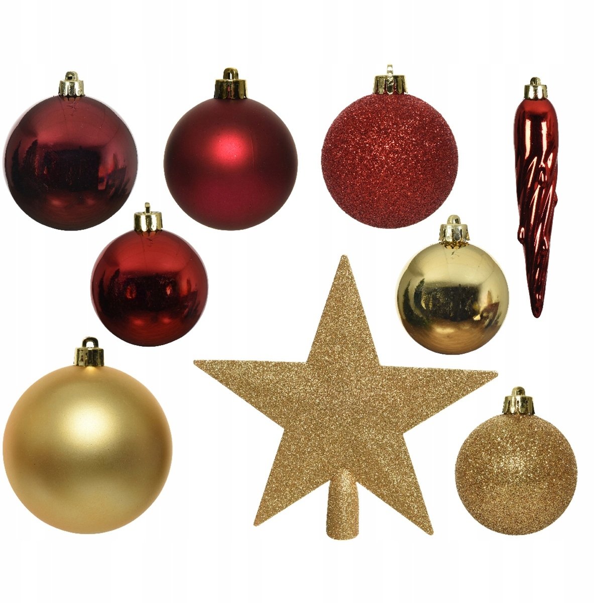 Zestaw 33 bombek choinkowych plastikowe różne kształty czerwone złote