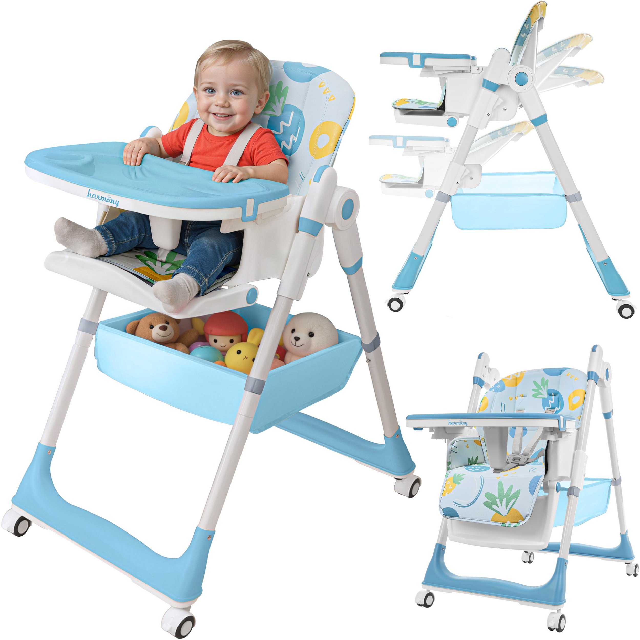 DUŻE SKŁADANE WIELOFUNKCYJNE KRZESEŁKO DO KARMIENIA 5W1 PAPUŚ NIEBIESKIE