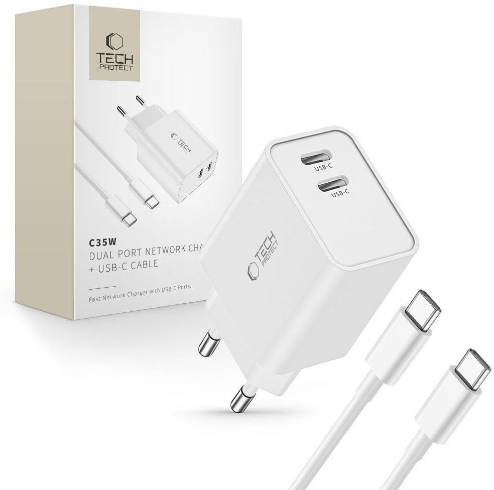 Ładowarka sieciowa C35W 2x USB-C z kablem USB-C 35W - biała Ładowarka sieciowa C35W 2x USB-C z kablem USB-C 35W - biała
