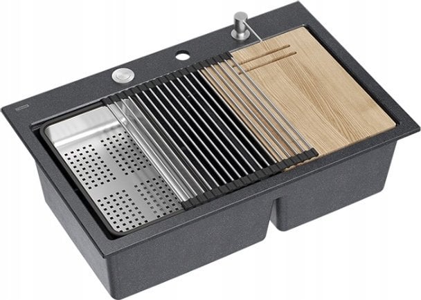 Zlewozmywak GraniteQ MARC 120 WORKSTATION GraniteQ zlewozmywak 2-komorowy 760*500*235 mm black diamond + syfon push to open + dozownik stal szcz.+ wkł