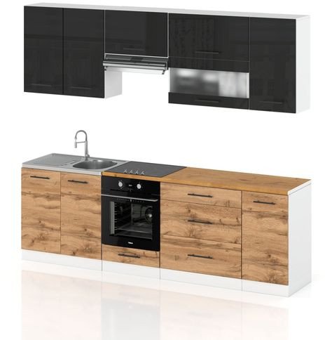 Meble Kuchenne Modułowe Duża Kuchnia Marocco 2.6m Czarny Połysk Dąb Wotan