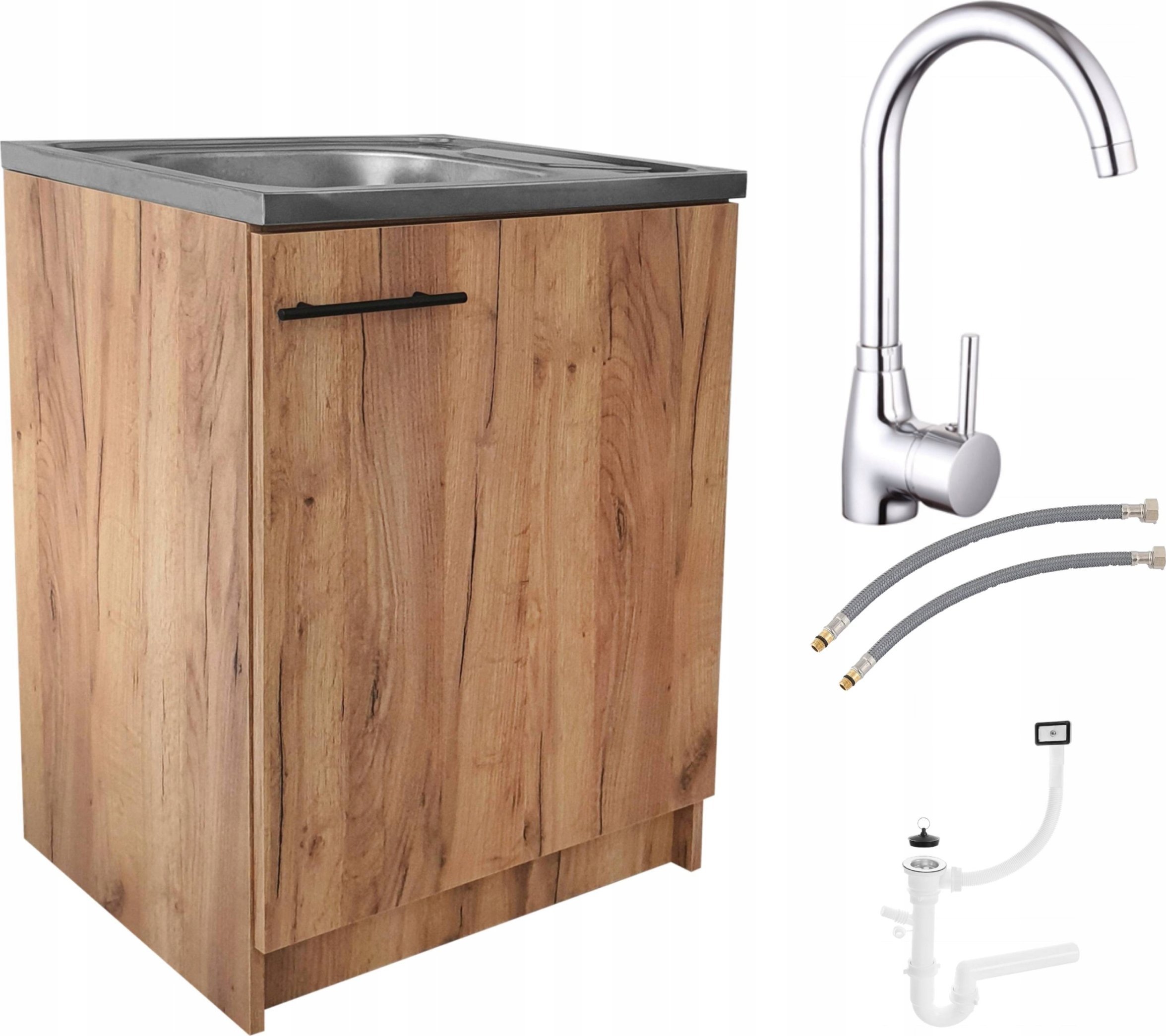 Szafka kuchenna pod zlew 60 slim dąb złoty + zlew + syfon duża komora