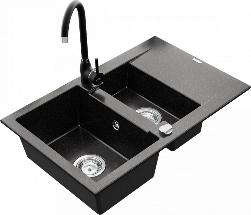 Zlewozmywak Mexen Mexen Gaspar zlewozmywak granitowy 1,5-komorowy z ociekaczem i baterią kuchenną Telma, czarny/srebrny - 6507-73-670200-70