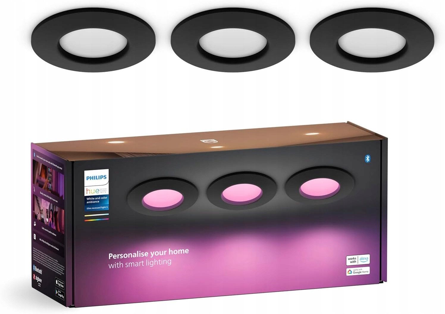 Philips Hue Smart Slim 3 lampy do zabudowy sterowanie głosem czarne 2024