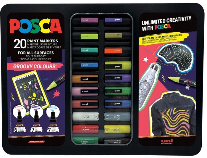 POSCA Gift Metal Tin, 20ass. Groovy Colours (6xpc1mc - 7xpc3m - 7xpc5m)