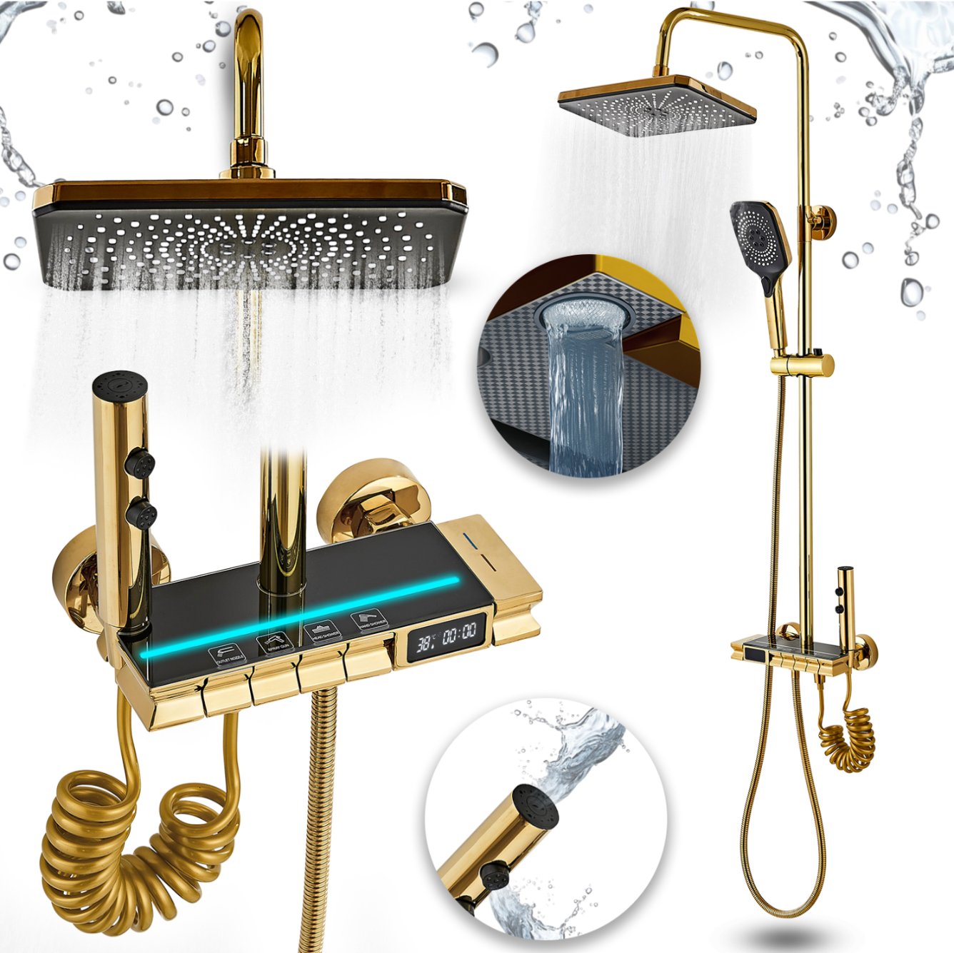 Zestaw prysznicowy Heckermann V6 Złoty Kolumna prysznicowa z regulacją temp