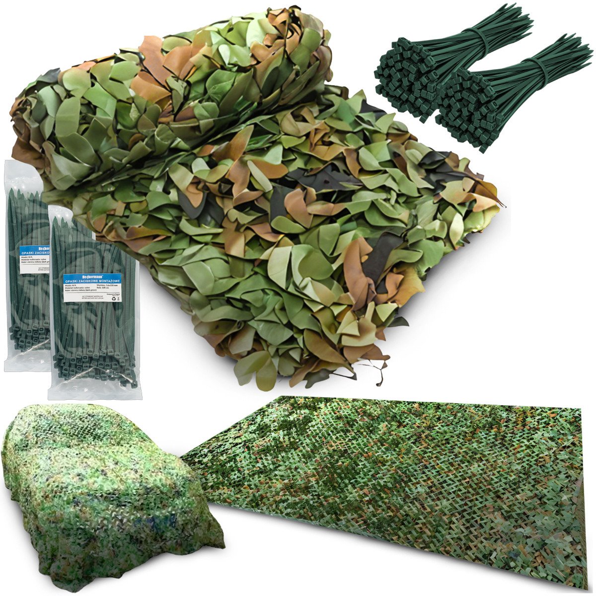 Zestaw siatka maskująca Heckermann 3x5m 150D + Opaski zaciskowe 200szt. - Zielone