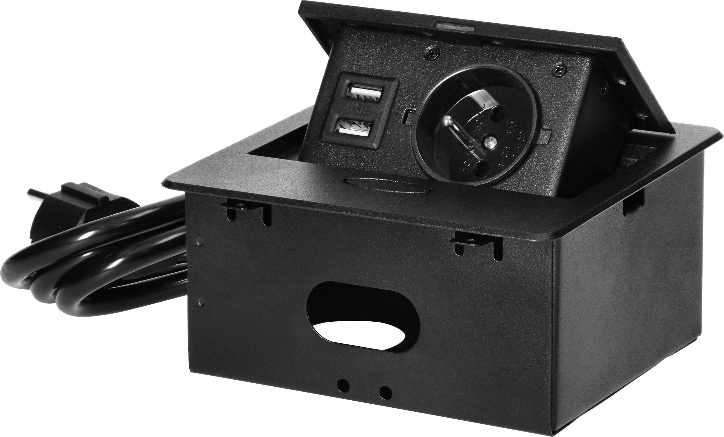 Orno Wpuszczane gniazdo meblowe z ładowarką USB i przewodem 1,5m, 1x2P+Z, 2xUSB (typ A, 2,1A), płaski rant frezowany, czarny