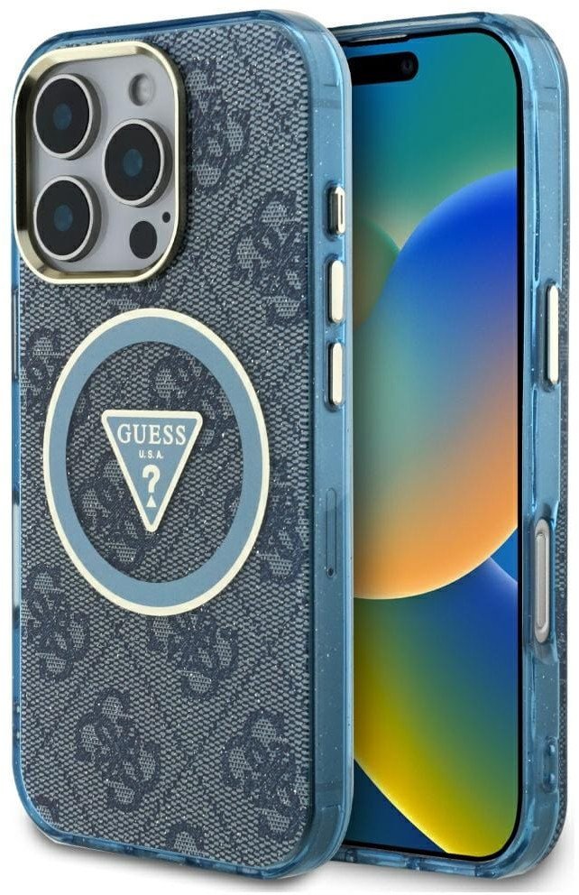 Case Guess IML Metal Glitter 4G Circle Triangle MagSafe for iPhone 16 Pro Max blue