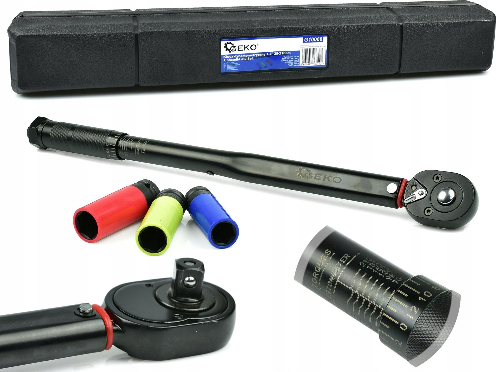 Geko Klucz dynamometryczny 1/2" 28-210nm + nasadki alu 3el. Black HD (10)