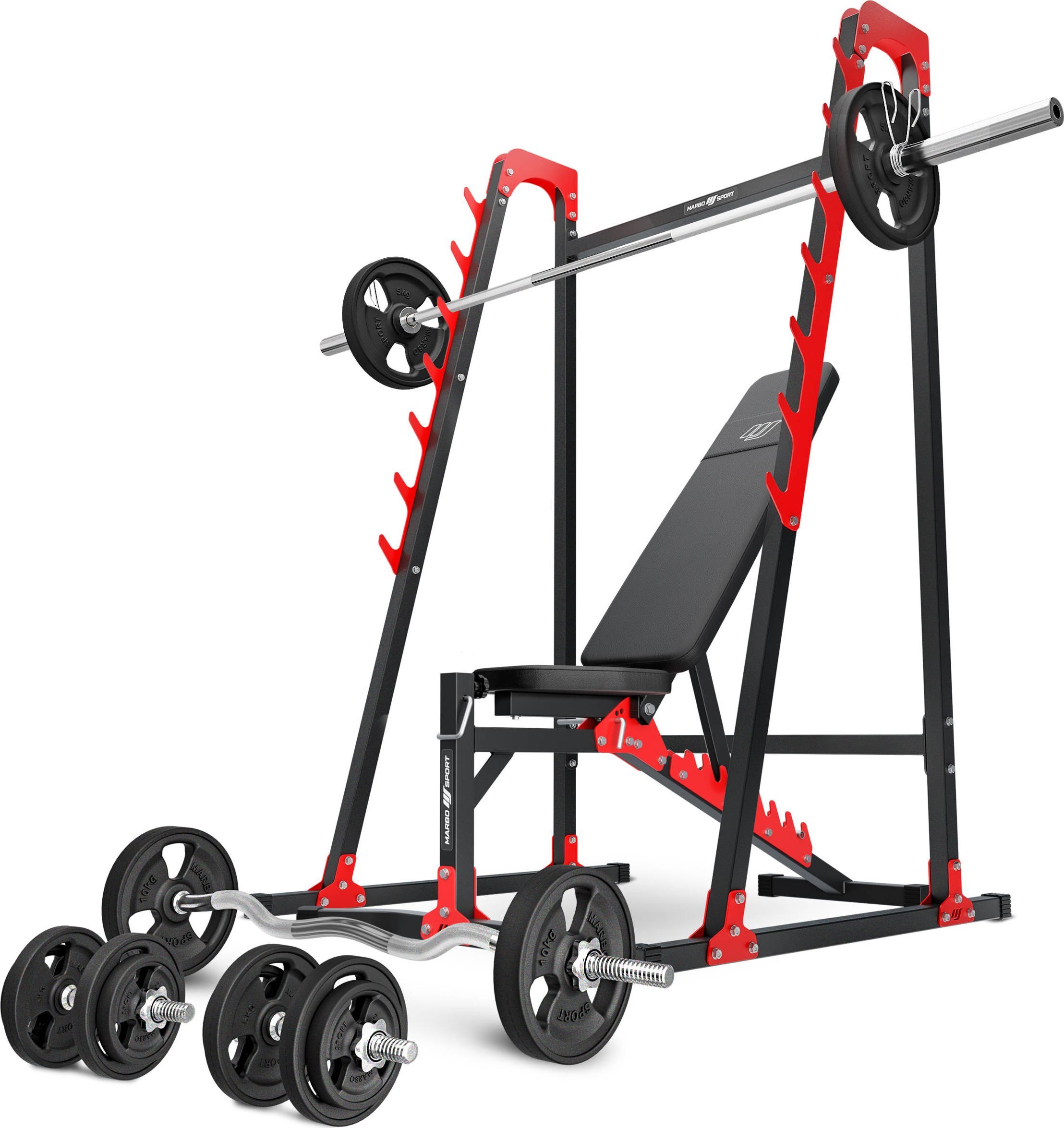 Zestaw MH24_126KG_KIER_G | Ławka regulowana + stojaki wielopoziomowe + zestaw gryfów i obciążeń gumowanych - Marbo Sport