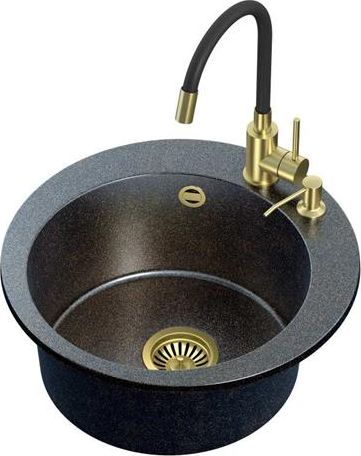 Zlewozmywak Steiner ART JAMES 210 (Ø51x20) Steingran Art Gold Black Pearl z syfonem manualnym, baterią Maggie i dozownikiem - czarny opalizacja złota