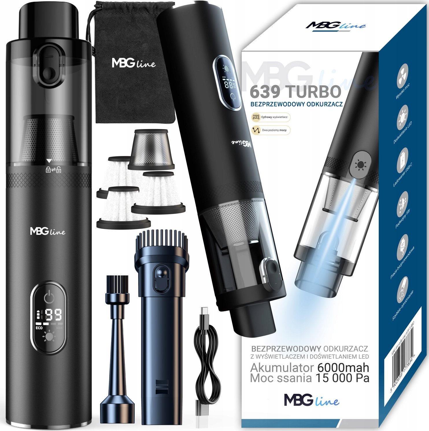 MOCNY RĘCZNY BEZPRZEWODOWY ODKURZACZ SAMOCHODOWY 15KPA DMUCHAWA DO AUTA