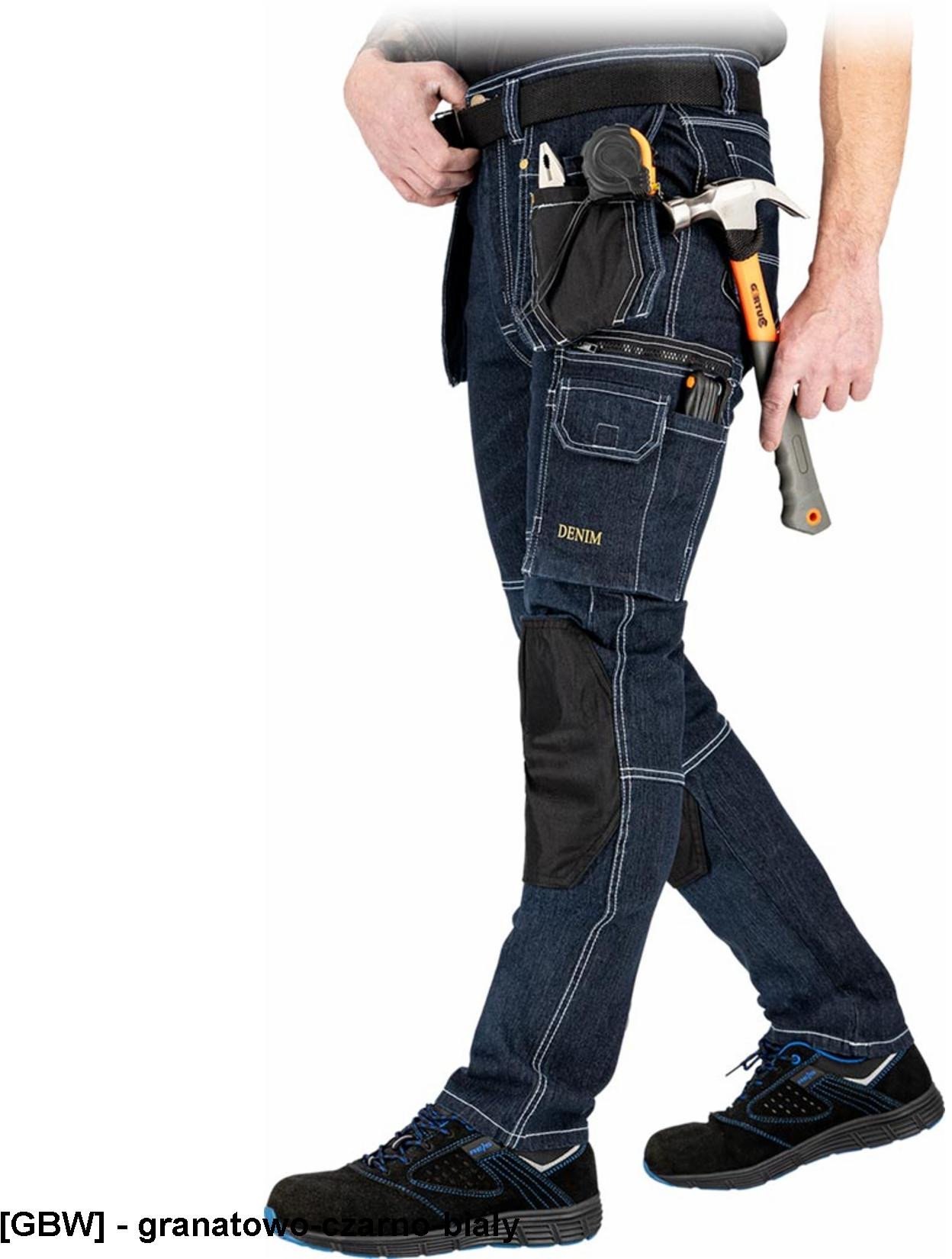 JEANS415-T - Elastyczne jeansowe spodnie ochronne do pasa 8 kieseni pętelki twill 60% bawełna 24% poliester 15% - granatowo-czarno-biały 46