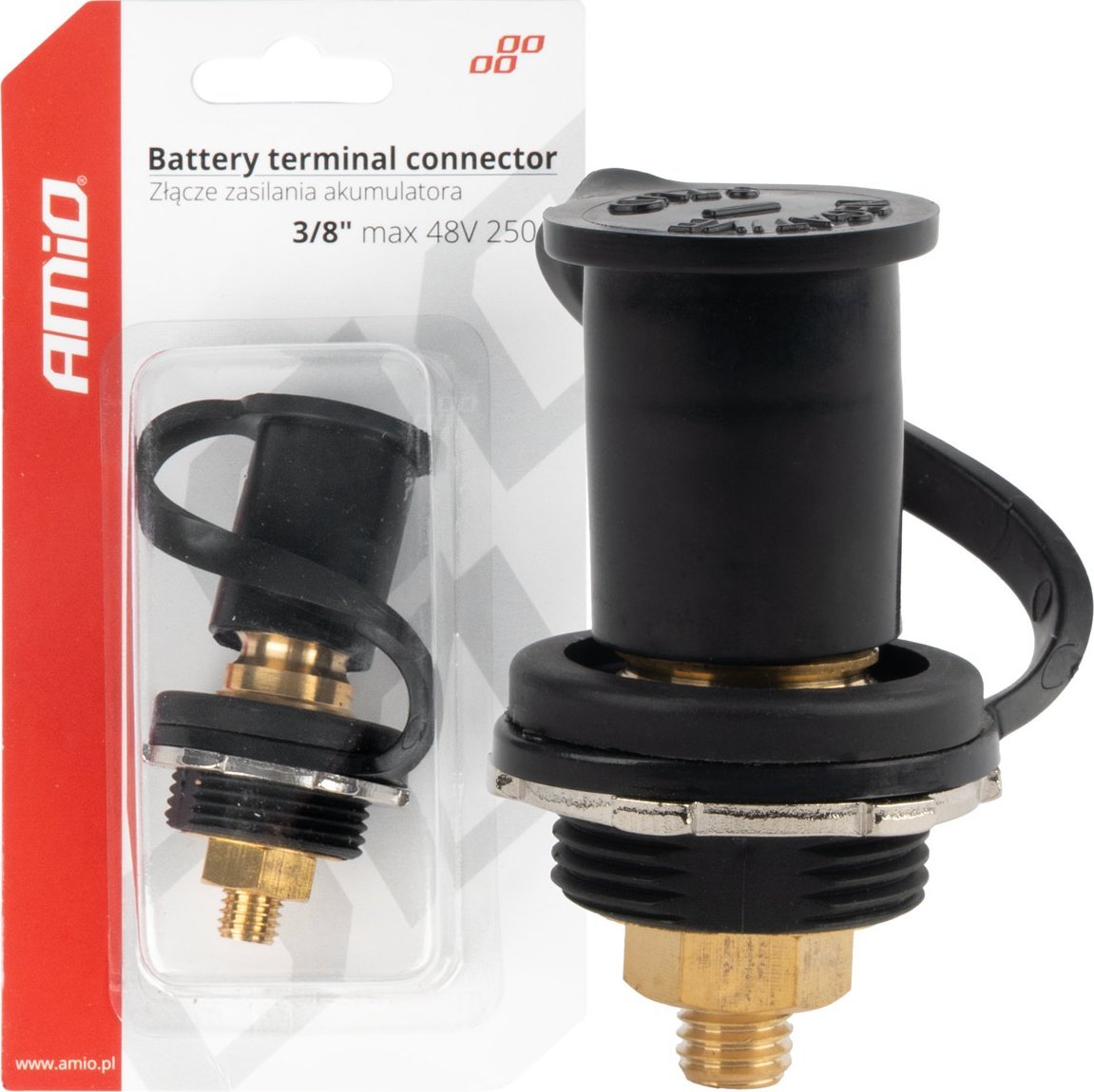 AMiO Złącze zasilania akumulatora czarne minus z zaślepką 3/8 m10 12v 24v 48v 250a amio-03813