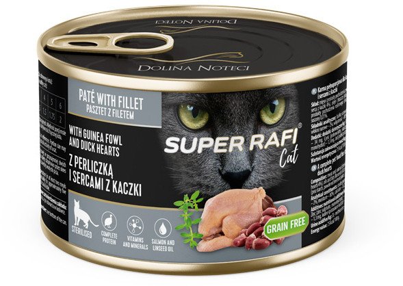 Karma mokra dla kotów sterylizowanych Super Rafi Cat z perliczką i sercami z kaczki 185 g