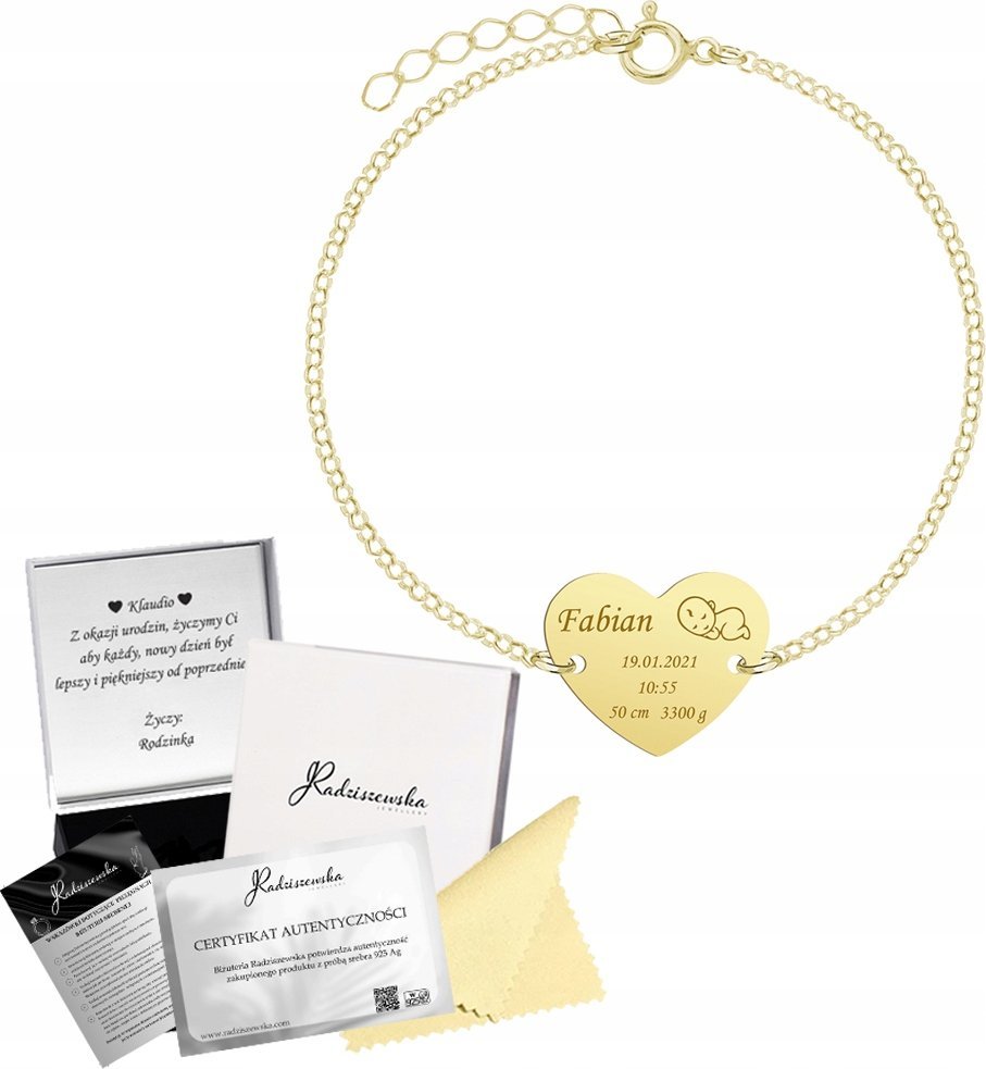 Radziszewska Jewellery Bransoletka Złota z Metryczką Dziecka Imię Dziecka SREBRO 925 GRAWER GRATIS