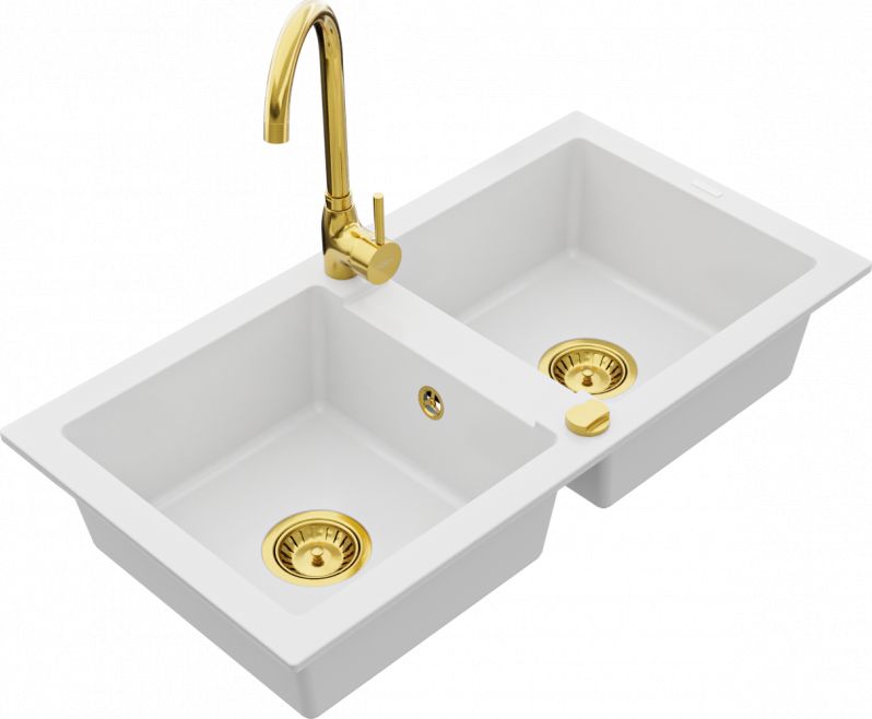 Zlewozmywak Mexen Mexen Mario zlewozmywak granitowy 2-komorowy z baterią kuchenną Telma, biały - 6504-20-670200-50