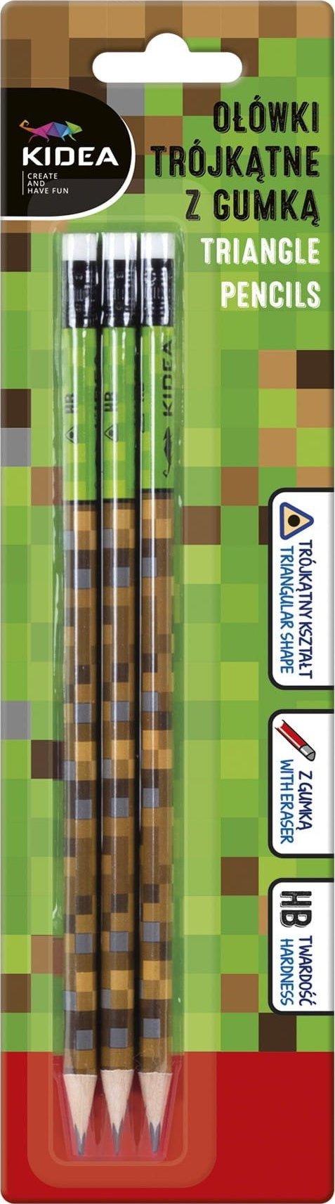 Kidea Ołówki trójkątne z gumką Pixele 3 szt blister Kidea