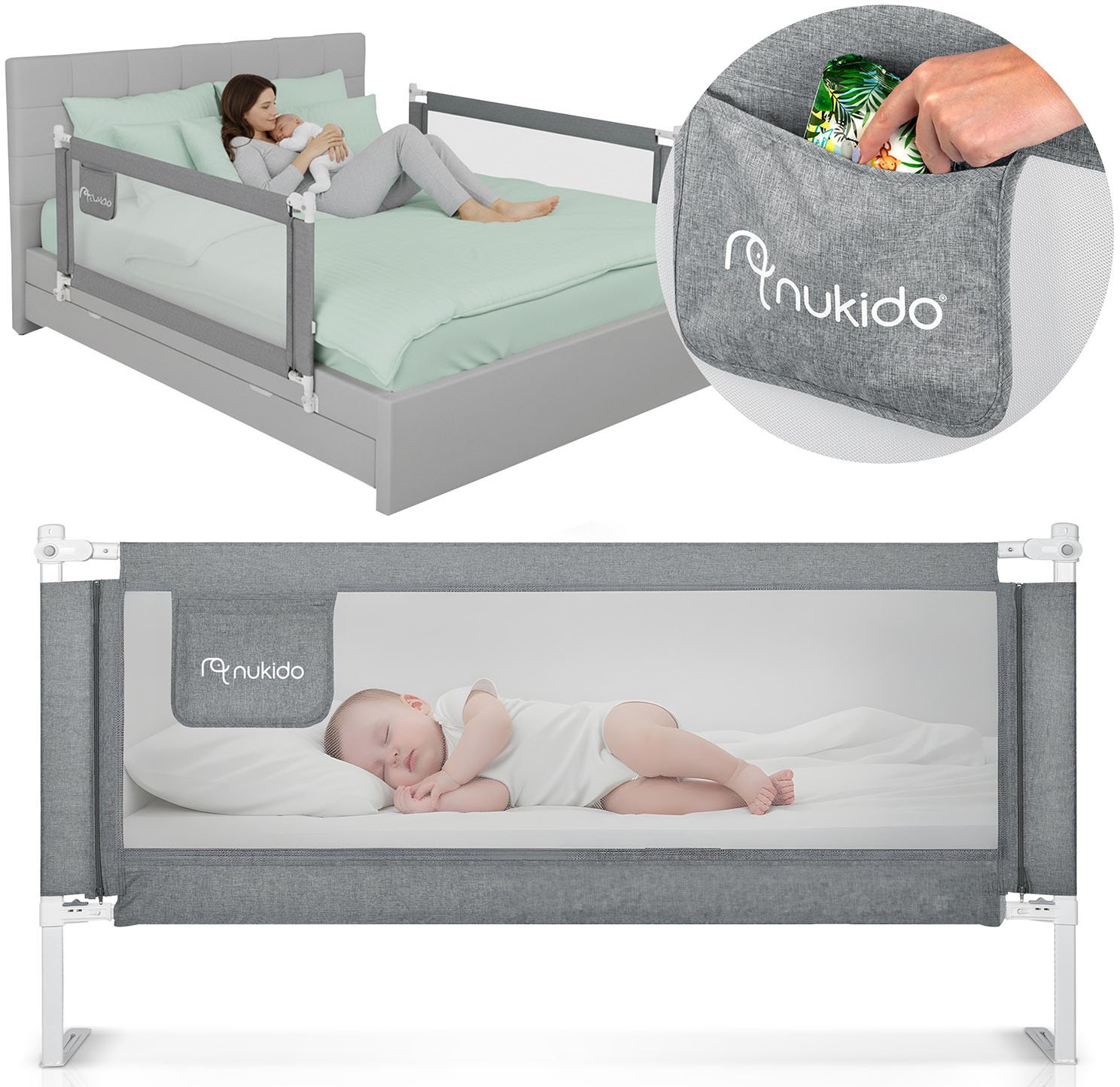 Barierka ochronna do łóżka zabezpieczająca bramka blokada 180 cm Nukido NK-227 szara