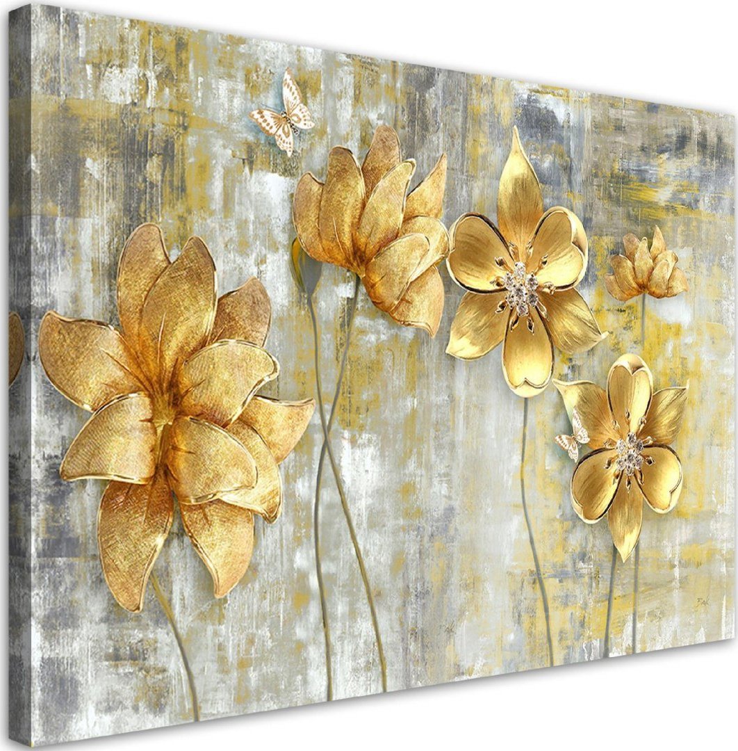 Feeby Obraz na płótnie, Złote kwiaty i motyle - 90x60