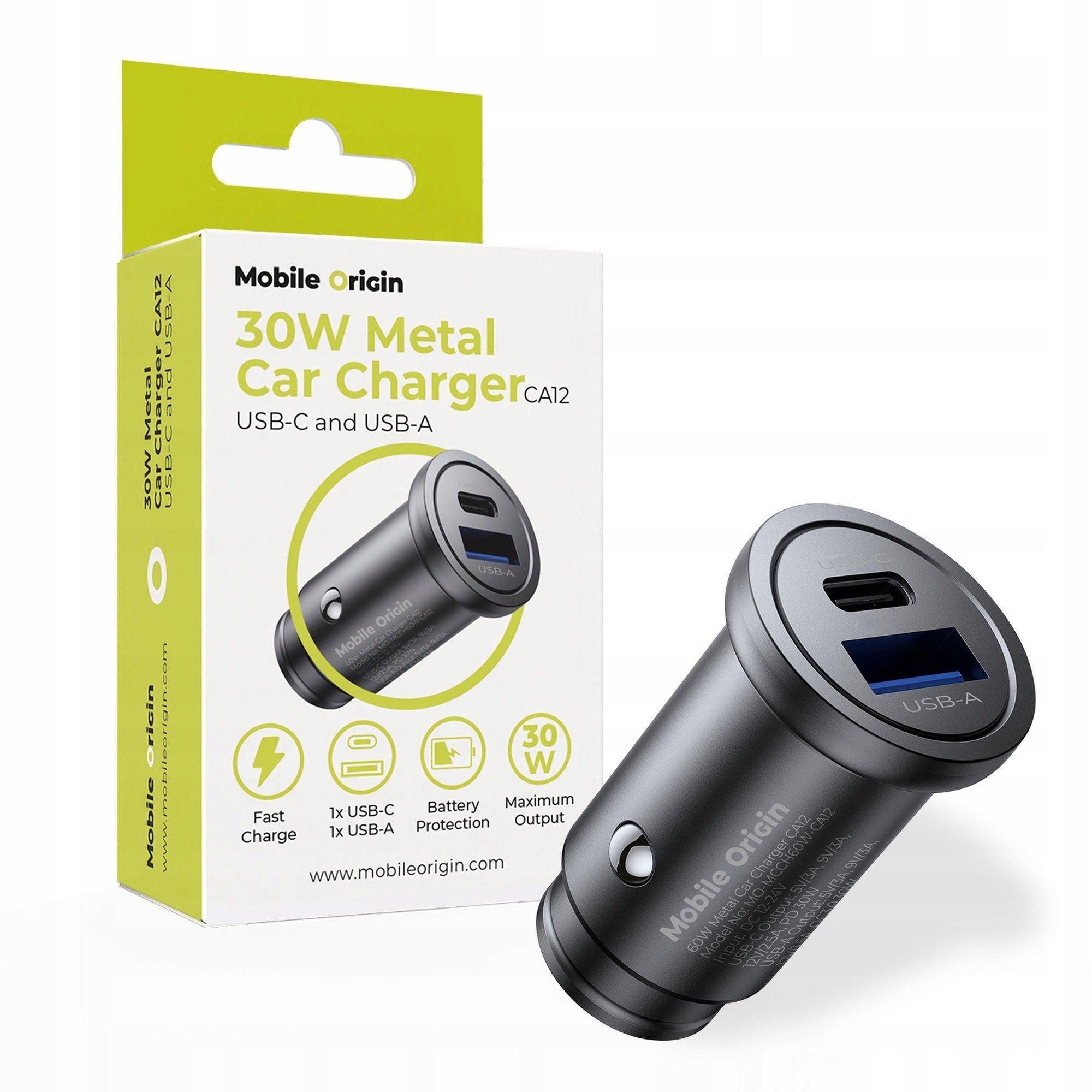 Mobile Origin Metal Car Charger 30W, CA12 - USB-C, USB-A