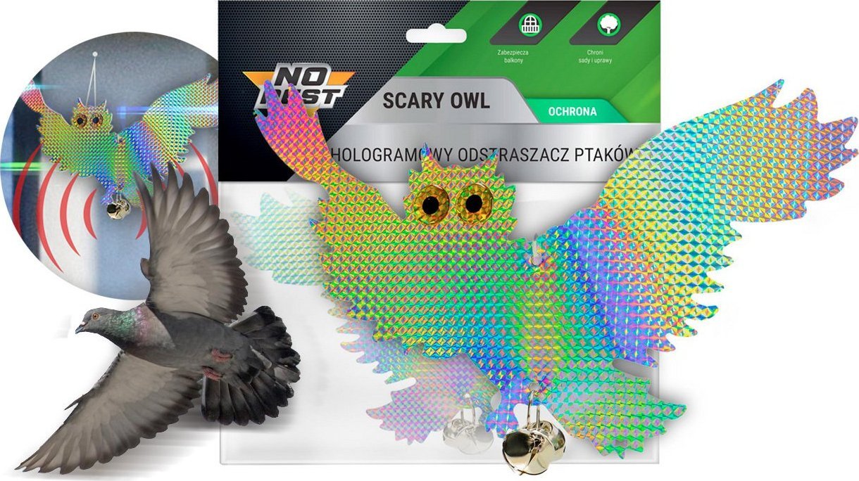 NO PEST Hologramowy Odstraszacz Ptaków Odblaskowa Sowa w Locie Straszak na Ptaki Gołębie Jaskółki Szpaki Wrony