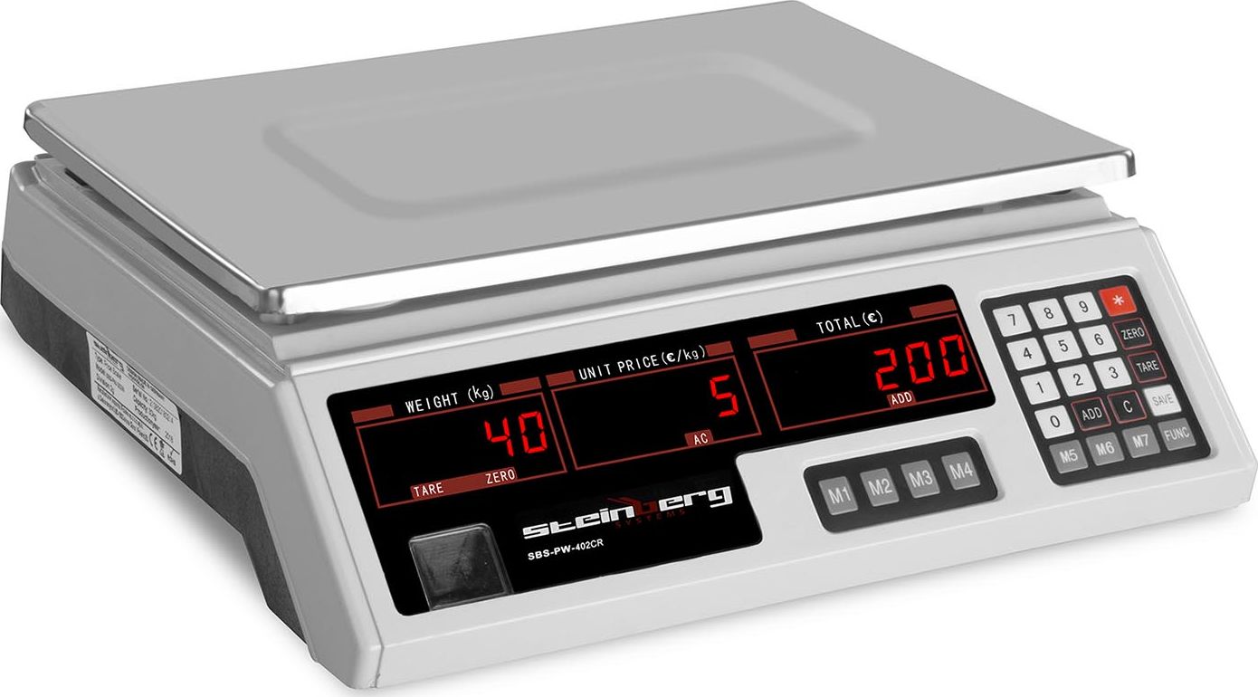 Steinberg Waga sklepowa kontrolna 330x240mm zasilacz + akumulator 40kg / 2g - biała Waga sklepowa kontrolna 330x240mm zasilacz + akumulator 40kg / 2g
